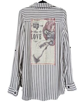 The Nu Vintage Long Sleeve Striped Button-down Graphic Patch Shirt (M)